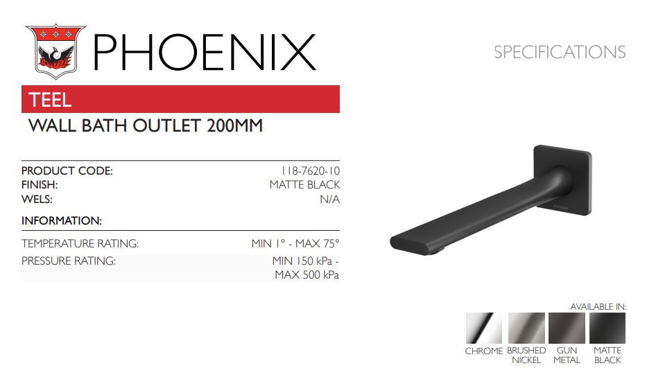 PHOENIX TEEL WALL BATH OUTLET 200MM MATTE BLACK