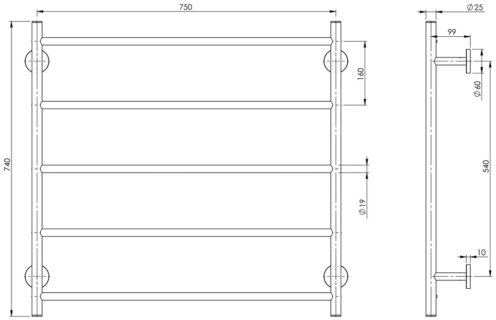 PHOENIX RADII NON-HEATED TOWEL LADDER ROUND PLATE CHROME 750MM X 740MM