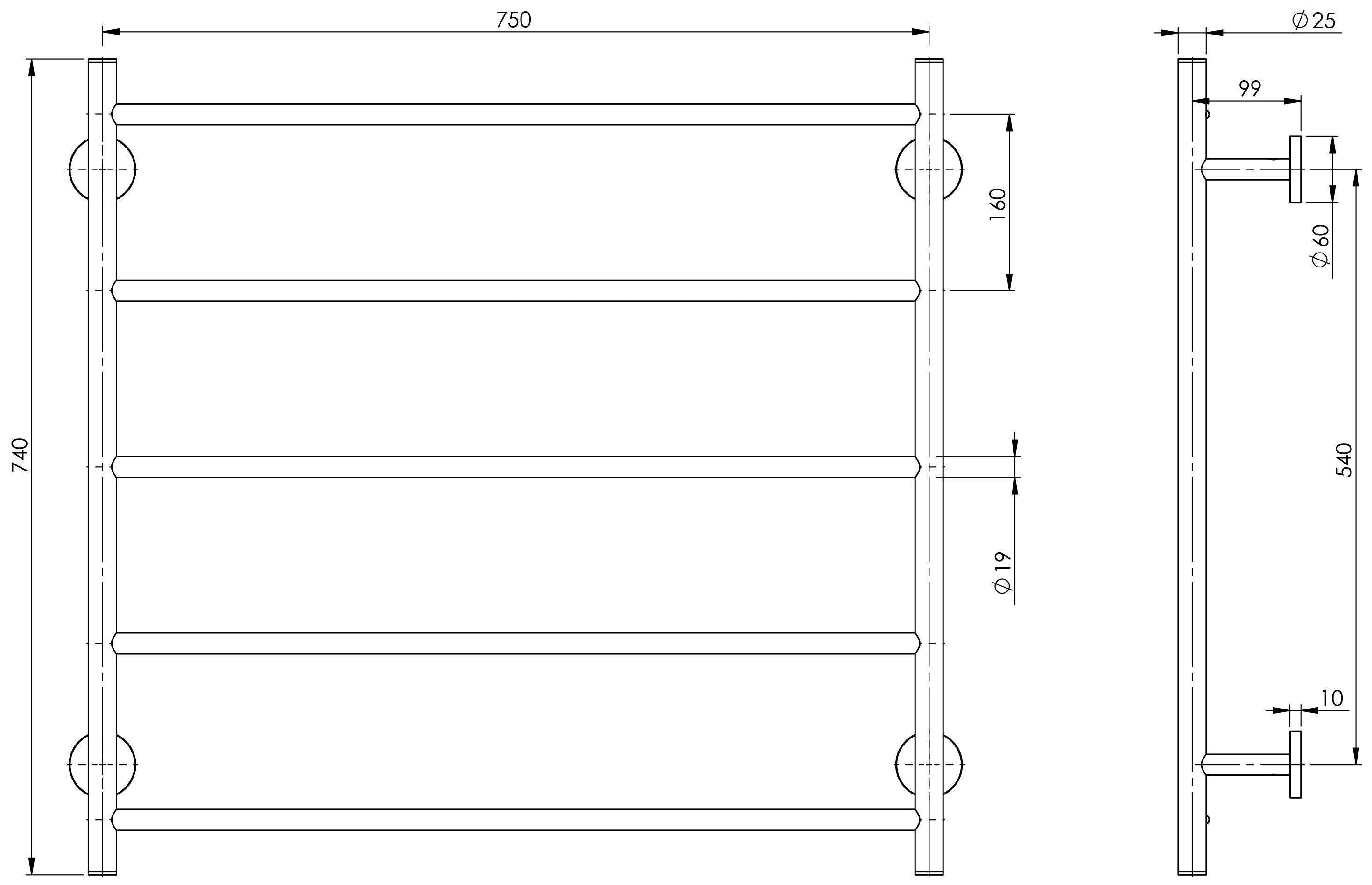 PHOENIX RADII NON-HEATED TOWEL LADDER ROUND PLATE CHROME 750MM X 740MM