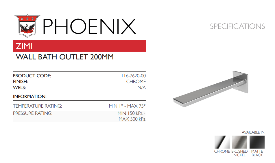 PHOENIX ZIMI WALL BATH OUTLET 200MM CHROME