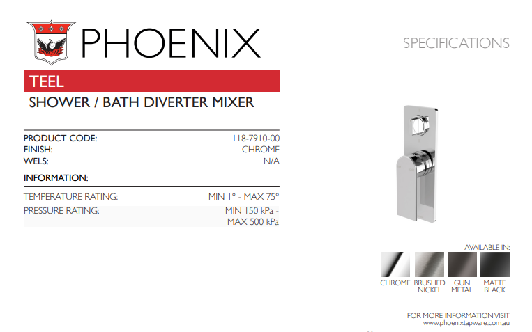 PHOENIX TEEL SHOWER / BATH DIVERTER MIXER CHROME