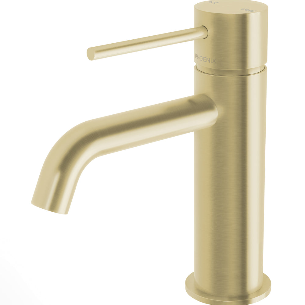 PHOENIX VIVID SLIMLINE LEAD FREE BASIN MIXER CURVED OUTLET BRUSHED GOLD