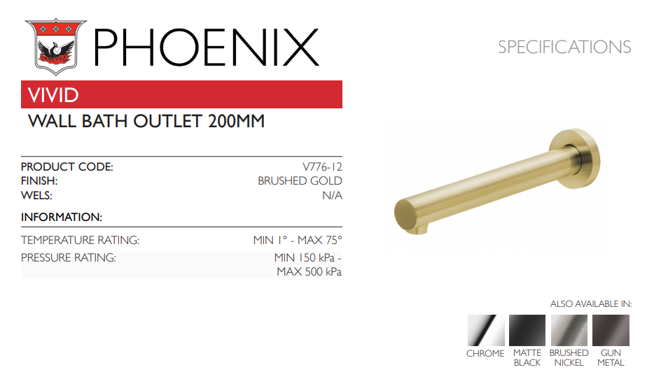 PHOENIX VIVID WALL BATH OUTLET 200MM BRUSHED GOLD