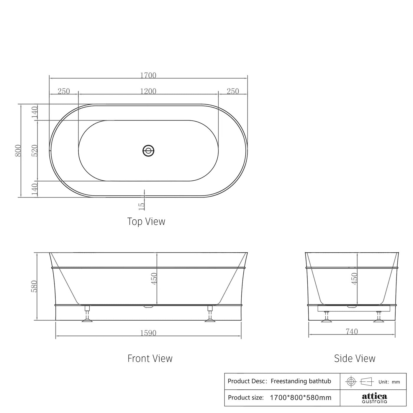 ATTICA BONDI FREE STANDING BATHTUB MATTE WHITE (AVAILABLE IN 1500MM AND 1700MM)