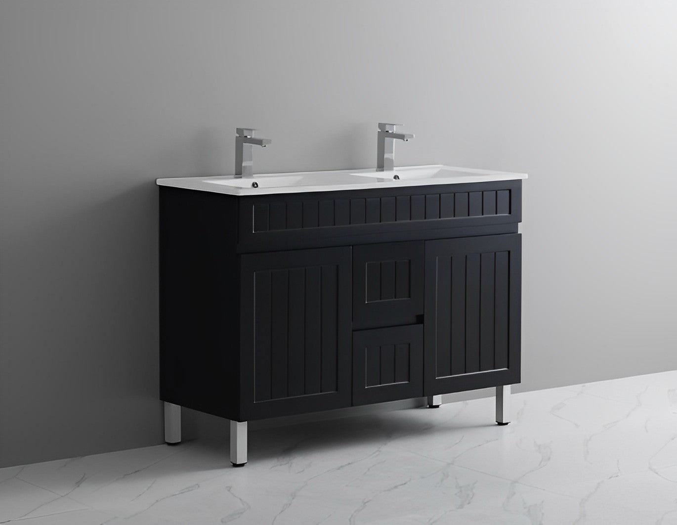 POSEIDON ACACIA SHAKER MATTE BLACK 1200MM DOUBLE BOWL FLOOR STANDING VANITY