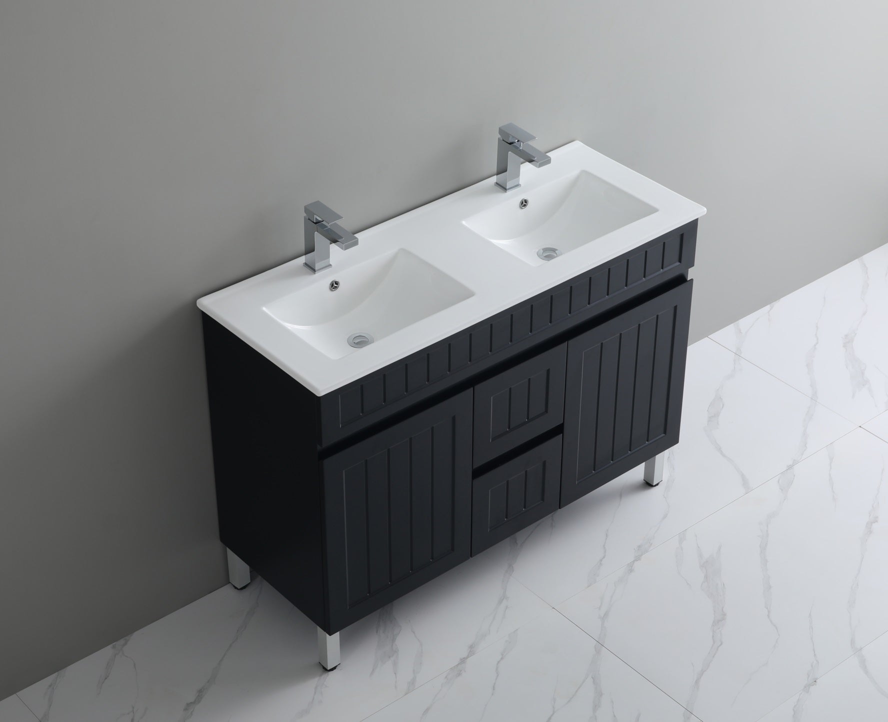 POSEIDON ACACIA SHAKER MATTE BLACK 1200MM DOUBLE BOWL FLOOR STANDING VANITY