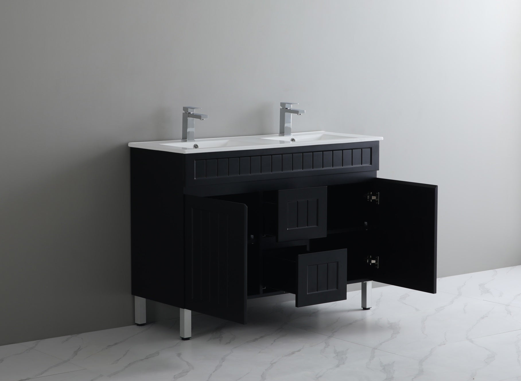 POSEIDON ACACIA SHAKER MATTE BLACK 1200MM DOUBLE BOWL FLOOR STANDING VANITY