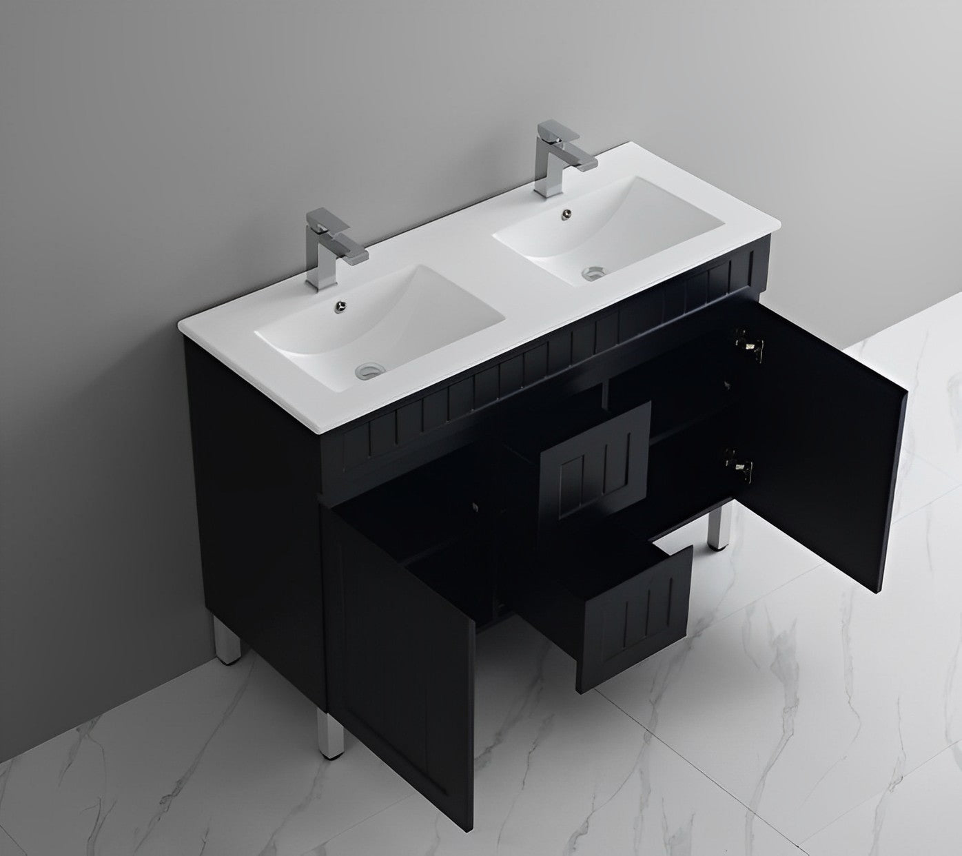 POSEIDON ACACIA SHAKER MATTE BLACK 1200MM DOUBLE BOWL FLOOR STANDING VANITY