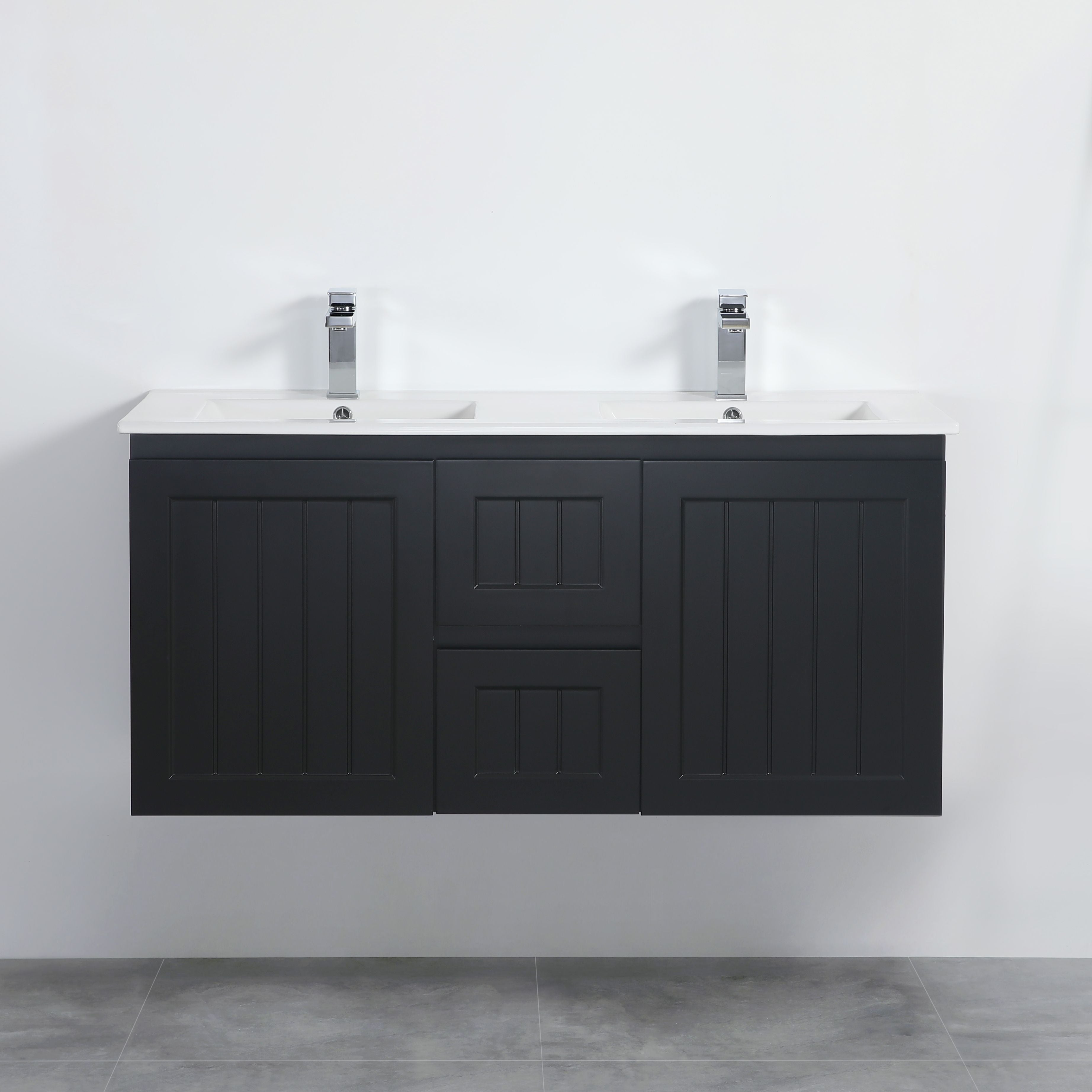 POSEIDON ACACIA SHAKER MATTE BLACK 1200MM DOUBLE BOWL WALL HUNG VANITY