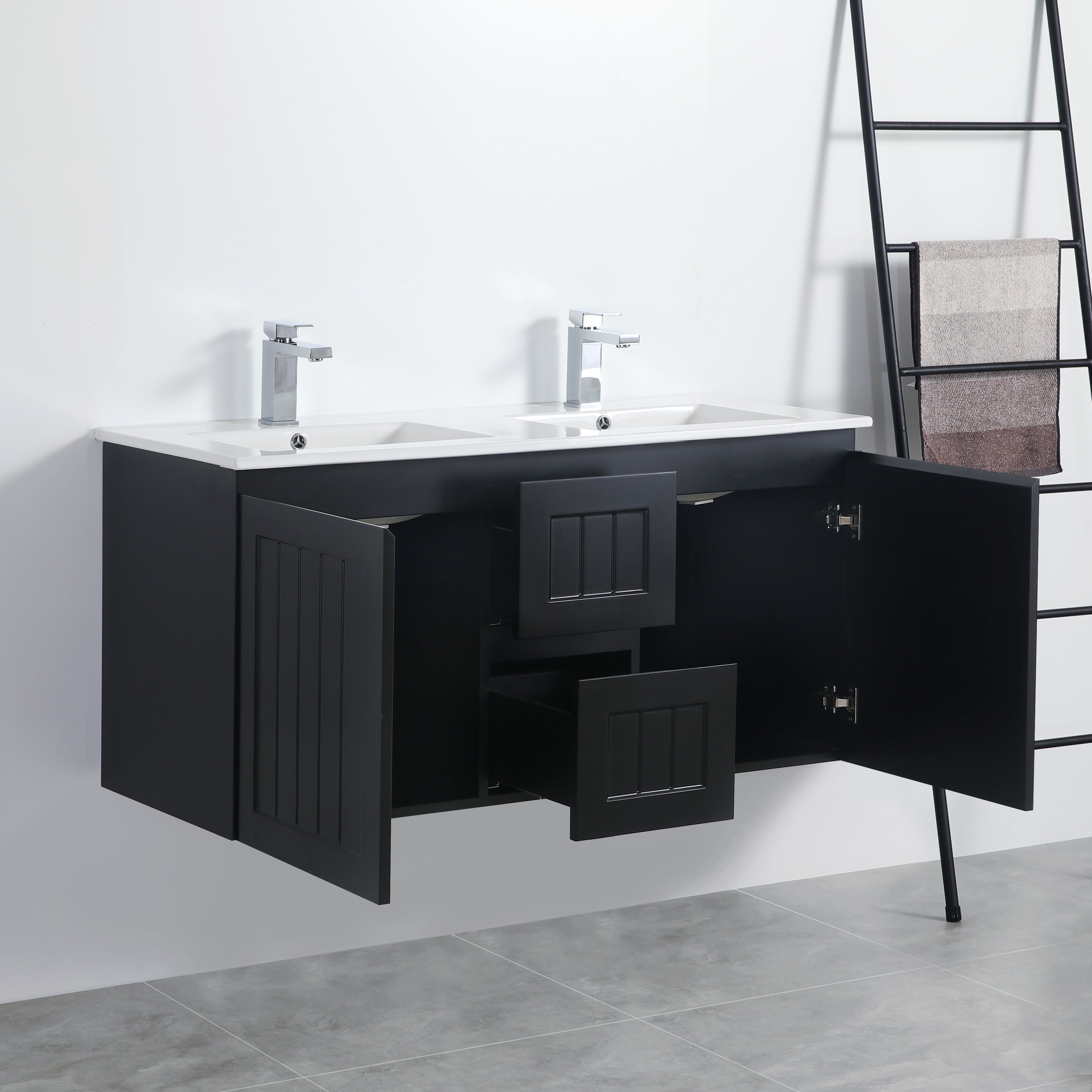 POSEIDON ACACIA SHAKER MATTE BLACK 1200MM DOUBLE BOWL WALL HUNG VANITY