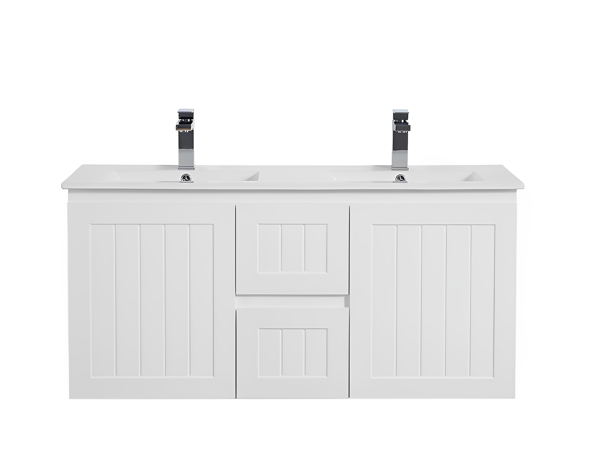 POSEIDON ACACIA SHAKER MATTE WHITE 1200MM DOUBLE BOWL WALL HUNG VANITY