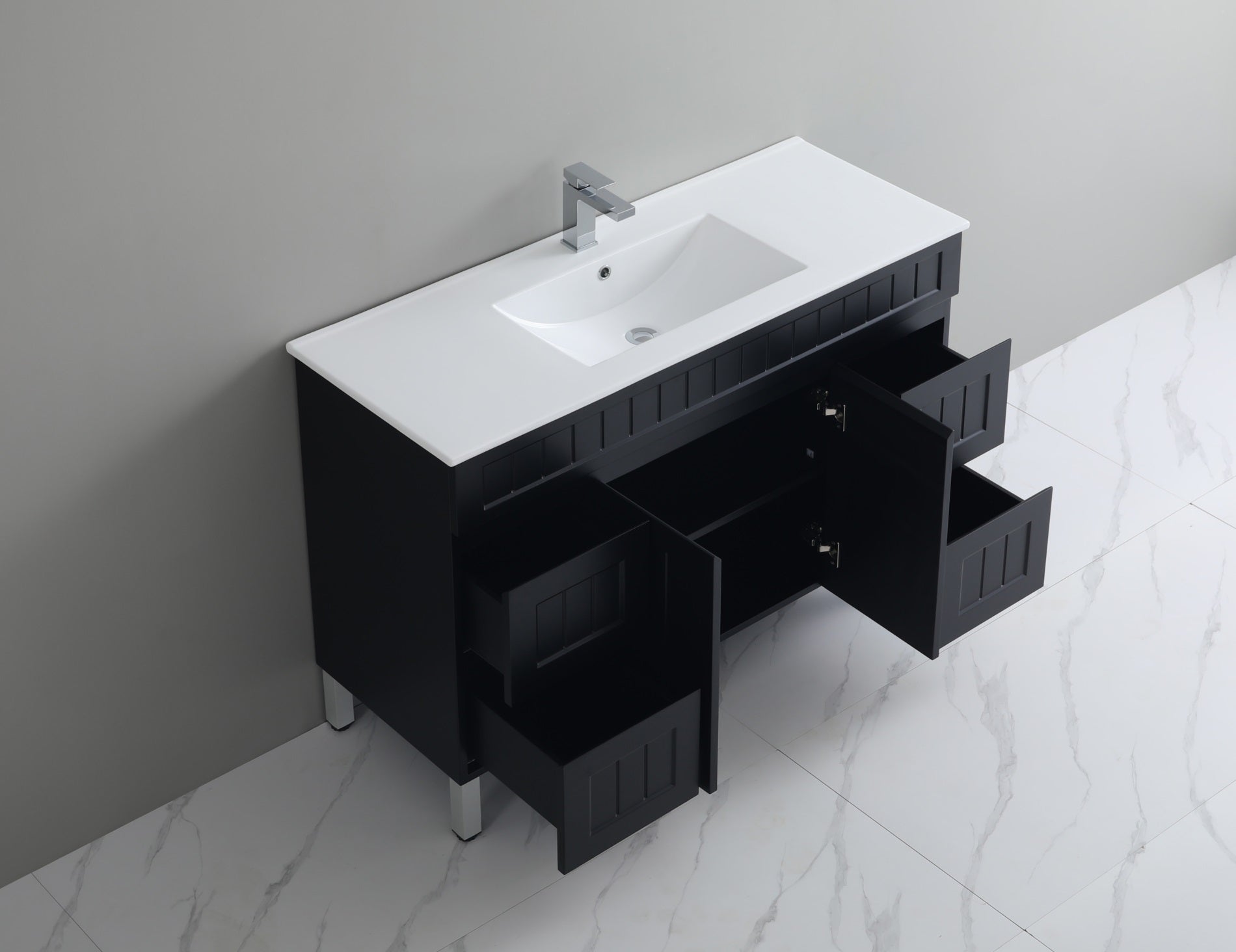 POSEIDON ACACIA SHAKER MATTE BLACK 1200MM SINGLE BOWL FLOOR STANDING VANITY