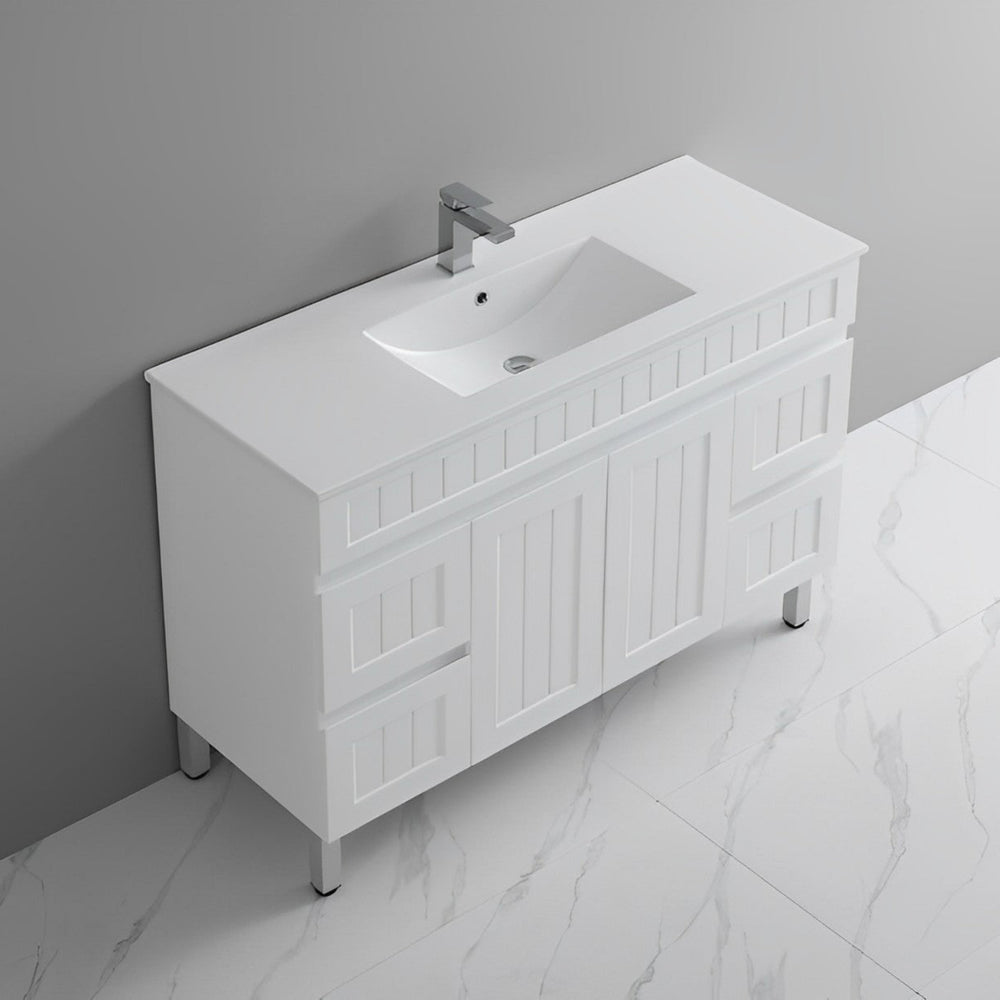 CETO ACACIA SHAKER MATTE WHITE 1200MM SINGLE BOWL FLOOR STANDING VANITY