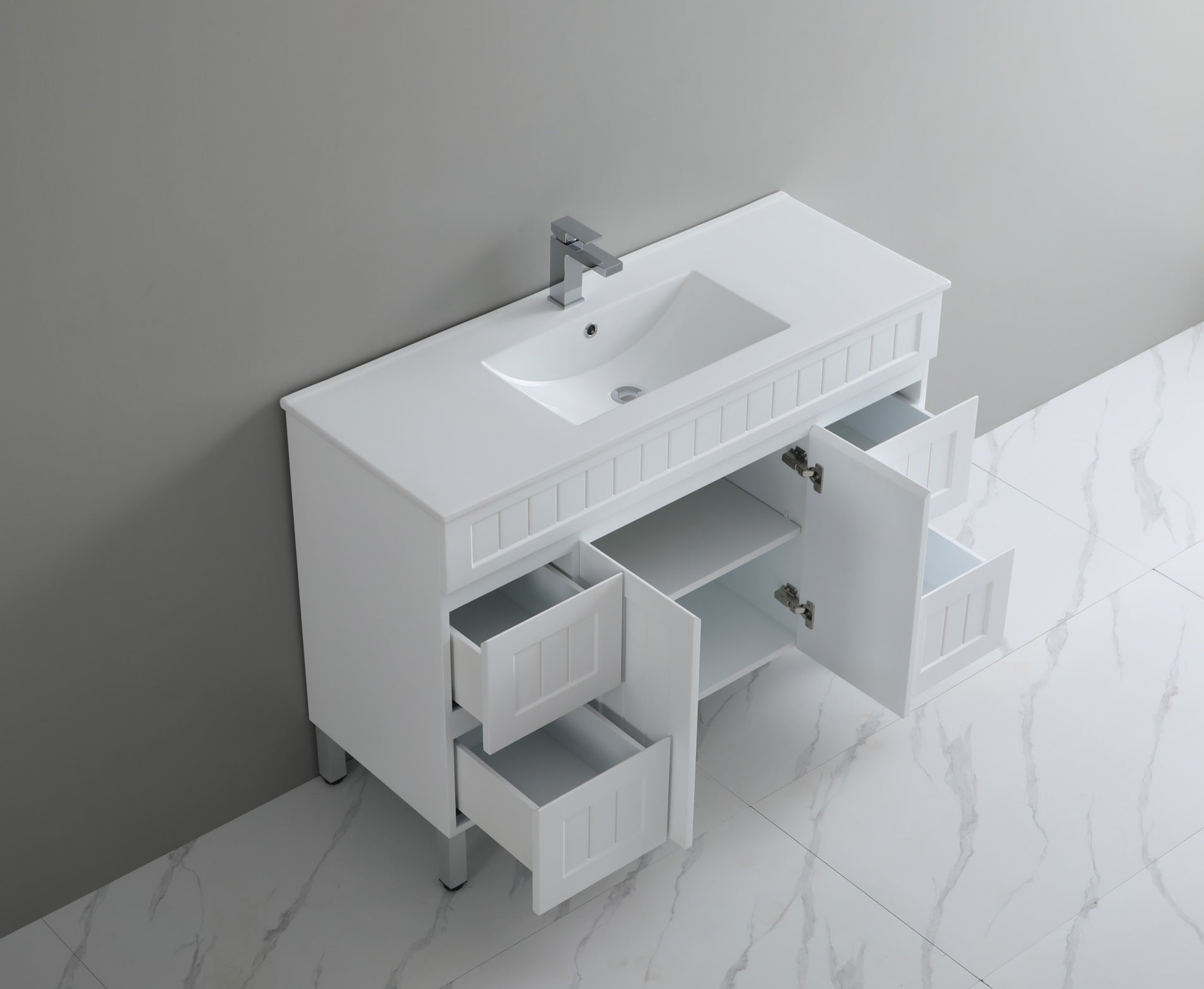 CETO ACACIA SHAKER MATTE WHITE 1500MM SINGLE BOWL FLOOR STANDING VANITY