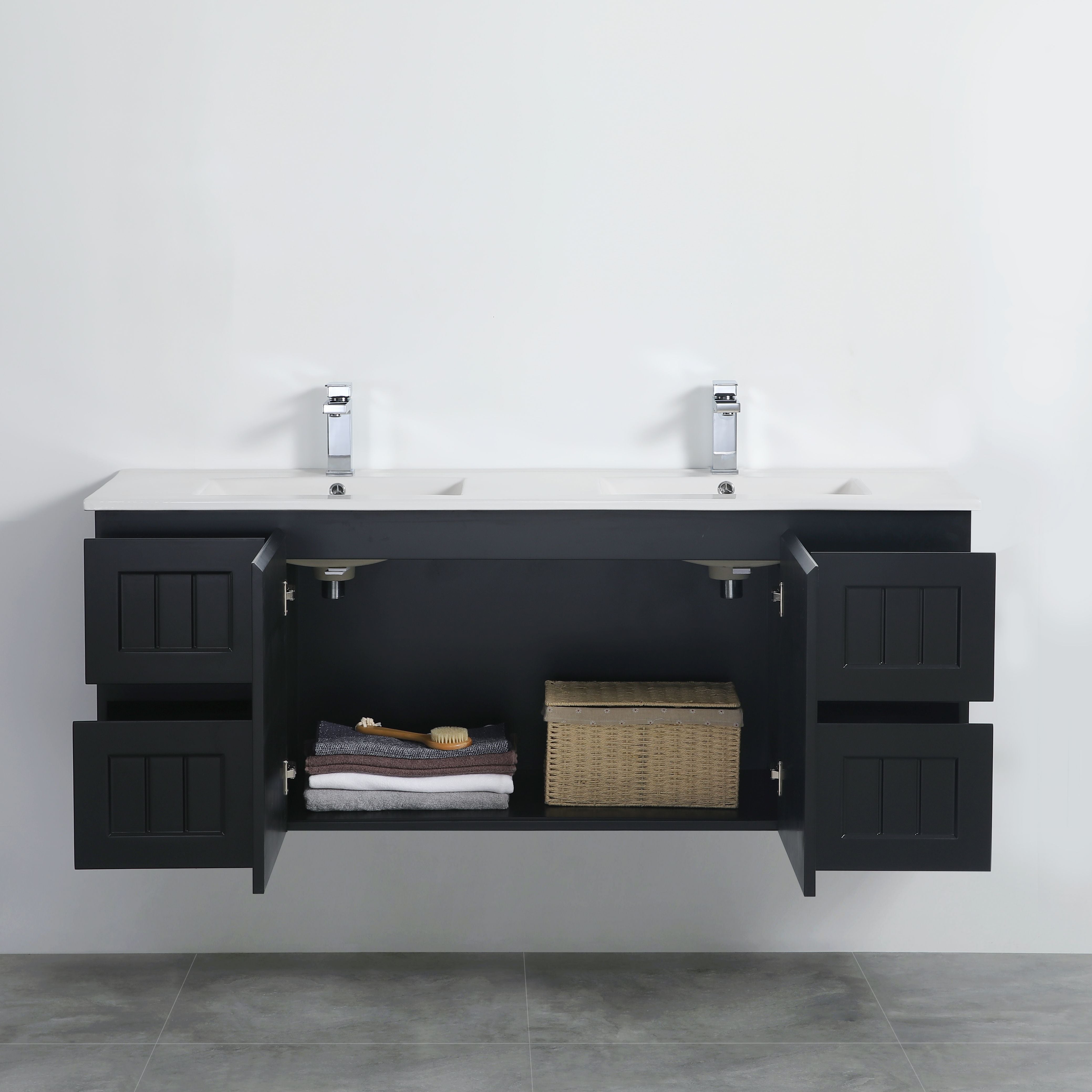 POSEIDON ACACIA SHAKER MATTE BLACK 1500MM DOUBLE BOWL WALL HUNG VANITY