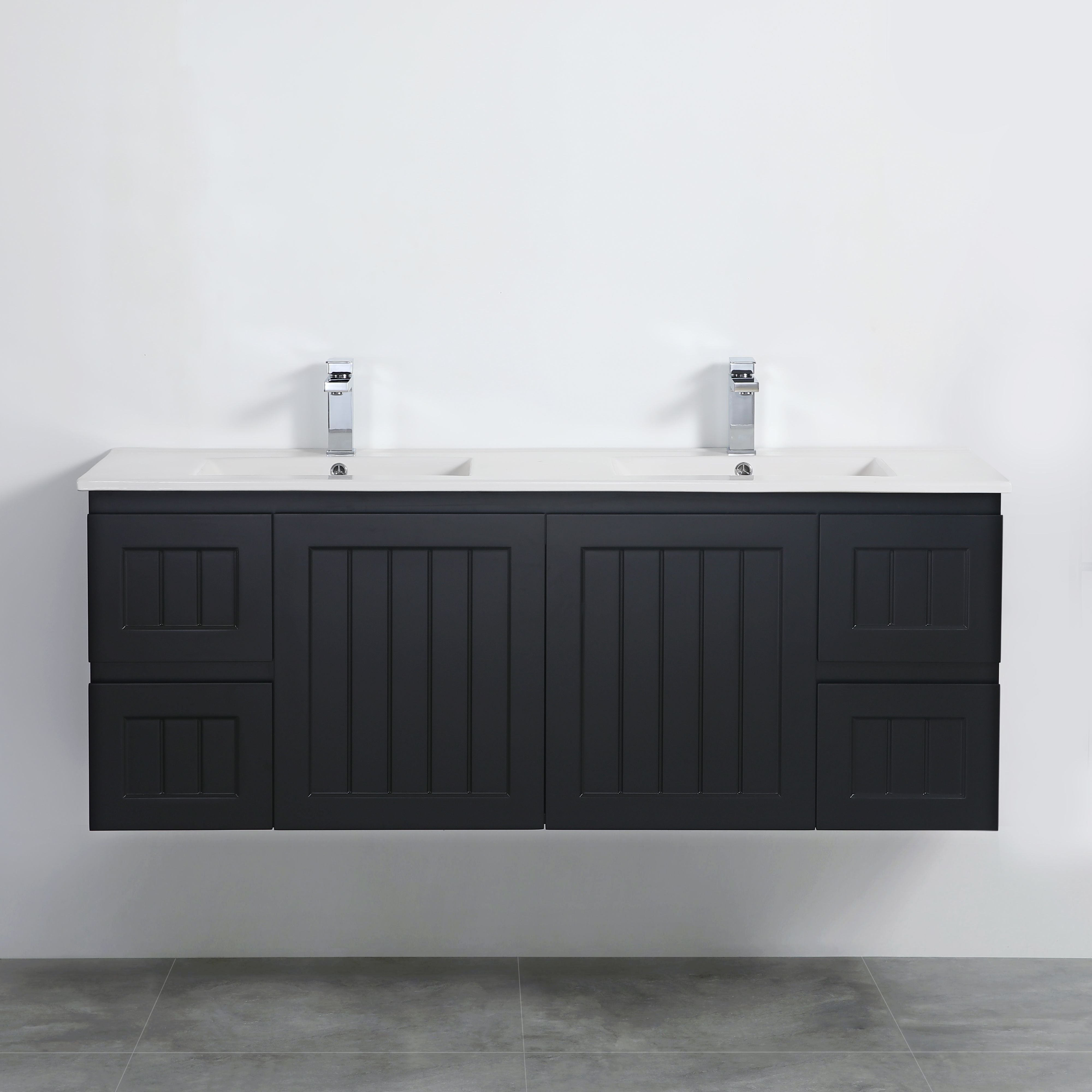 POSEIDON ACACIA SHAKER MATTE BLACK 1500MM DOUBLE BOWL WALL HUNG VANITY