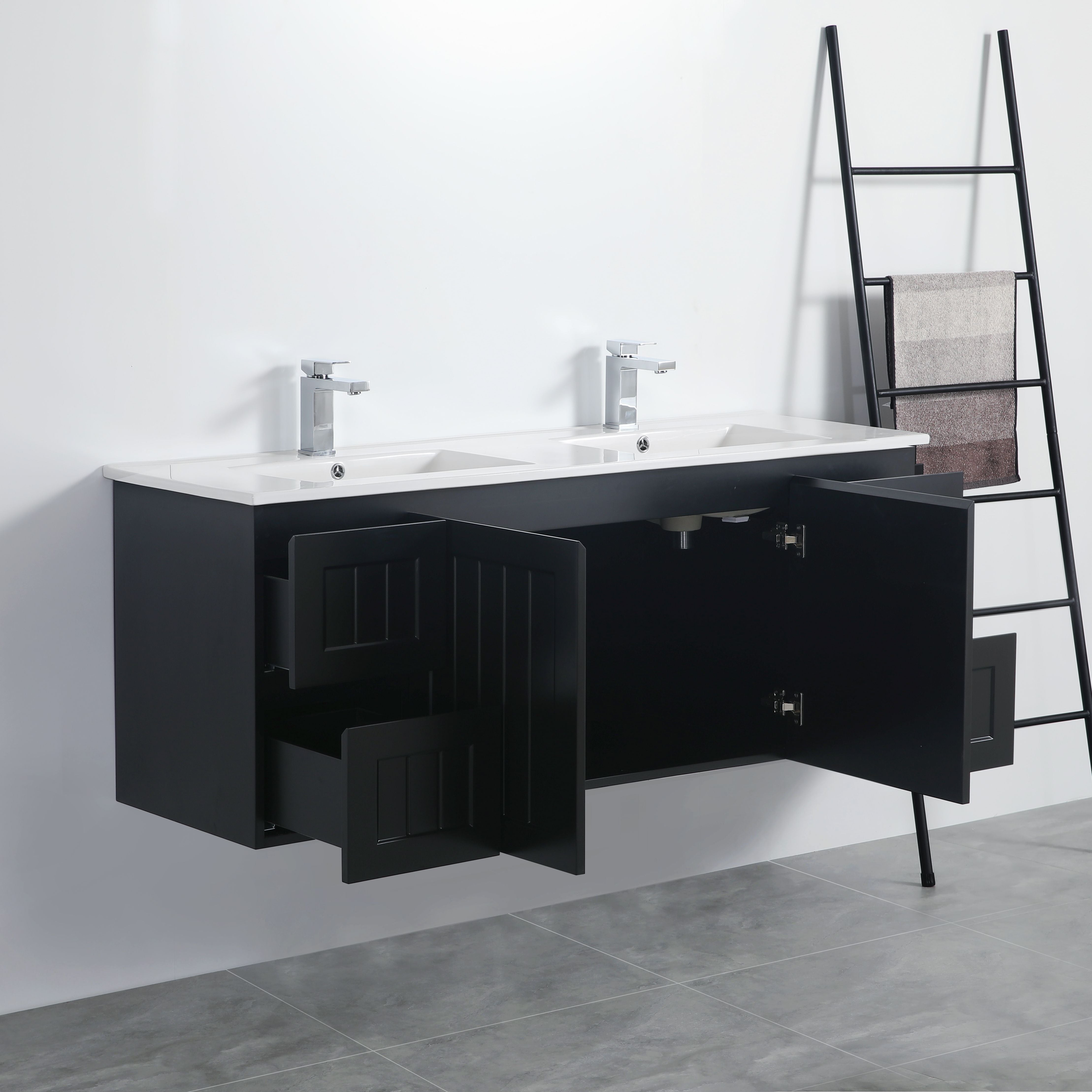 POSEIDON ACACIA SHAKER MATTE BLACK 1500MM DOUBLE BOWL WALL HUNG VANITY