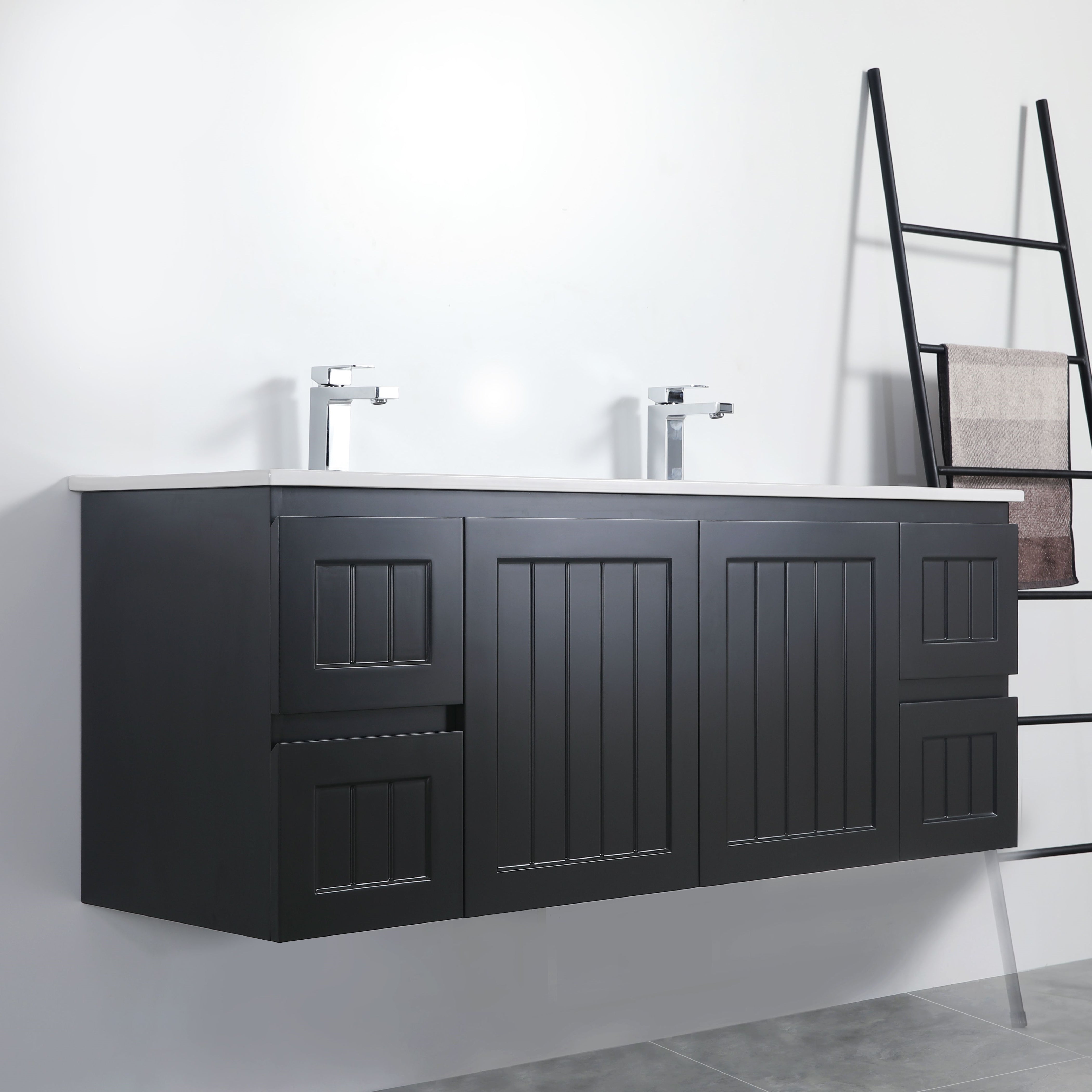 POSEIDON ACACIA SHAKER MATTE BLACK 1500MM DOUBLE BOWL WALL HUNG VANITY