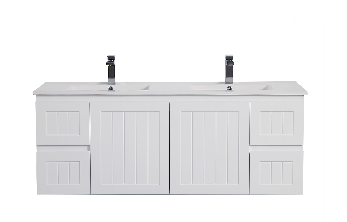 CETO ACACIA SHAKER MATTE WHITE 1500MM DOUBLE BOWL WALL HUNG VANITY
