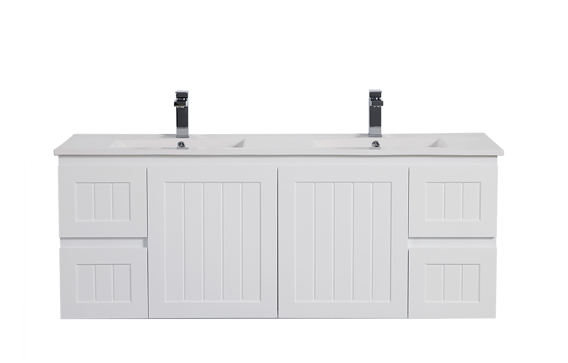 POSEIDON ACACIA SHAKER MATTE WHITE 1500MM DOUBLE BOWL WALL HUNG VANITY