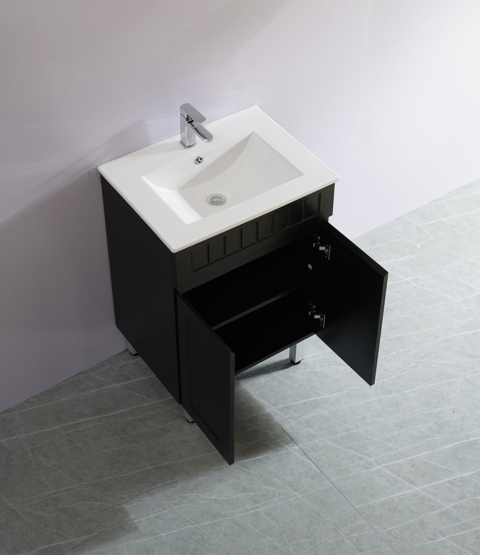 POSEIDON ACACIA SHAKER MATTE BLACK 600MM SINGLE BOWL FLOOR STANDING VANITY