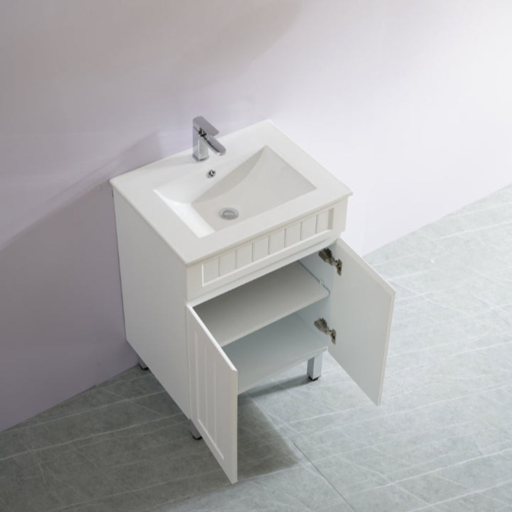 CETO ACACIA SHAKER MATTE WHITE 600MM SINGLE BOWL FLOOR STANDING VANITY