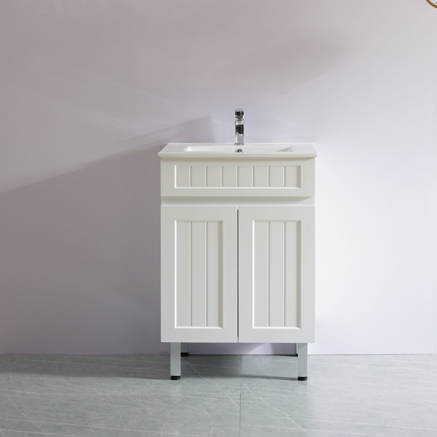 POSEIDON ACACIA SHAKER MATTE WHITE 600MM SINGLE BOWL FLOOR STANDING VANITY