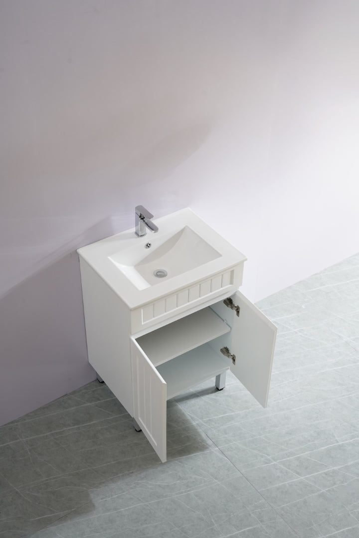 POSEIDON ACACIA SHAKER MATTE WHITE 600MM SINGLE BOWL FLOOR STANDING VANITY