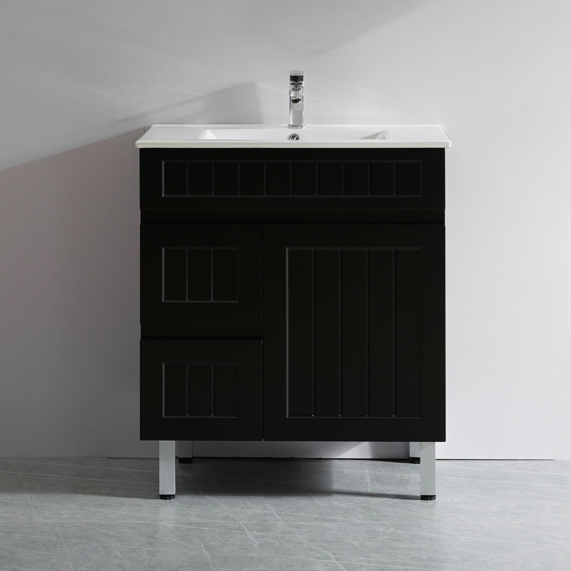 POSEIDON ACACIA SHAKER MATTE BLACK 750MM SINGLE BOWL FLOOR STANDING VANITY (AVAILABLE IN LEFT AND RIGHT HAND DRAWER)