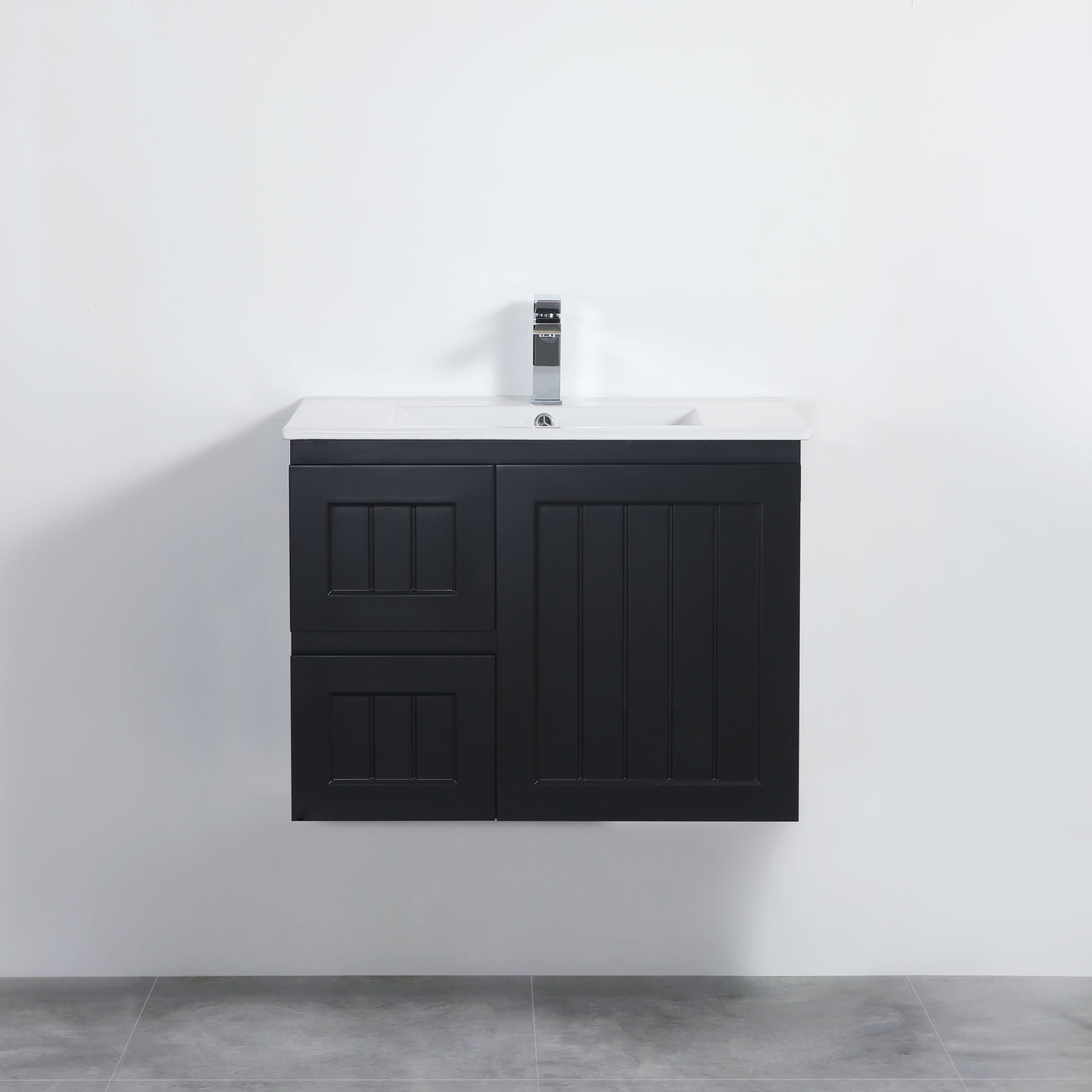 POSEIDON ACACIA SHAKER MATTE BLACK 750MM SINGLE BOWL WALL HUNG VANITY (AVAILABLE IN LEFT AND RIGHT HAND DRAWER)