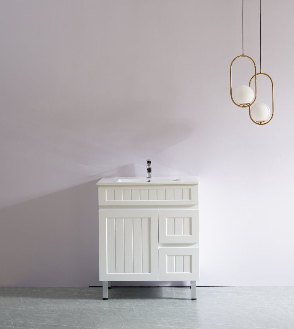 POSEIDON ACACIA SHAKER MATTE WHITE 750MM FLOOR STANDING VANITY (AVAILABLE IN LEFT HAND DRAWER AND RIGHT HAND DRAWER)