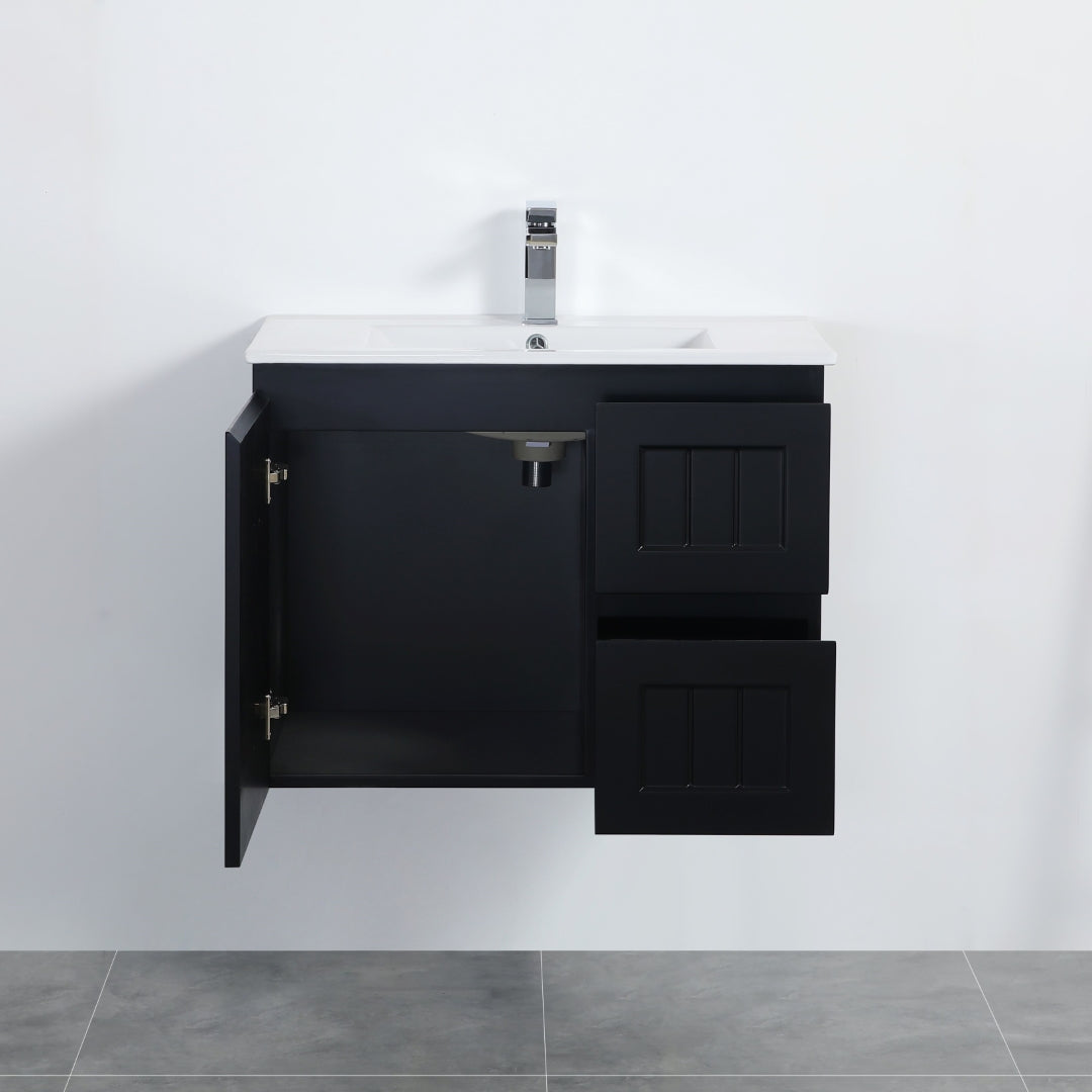 POSEIDON ACACIA SHAKER MATTE BLACK 750MM SINGLE BOWL WALL HUNG VANITY (AVAILABLE IN LEFT AND RIGHT HAND DRAWER)