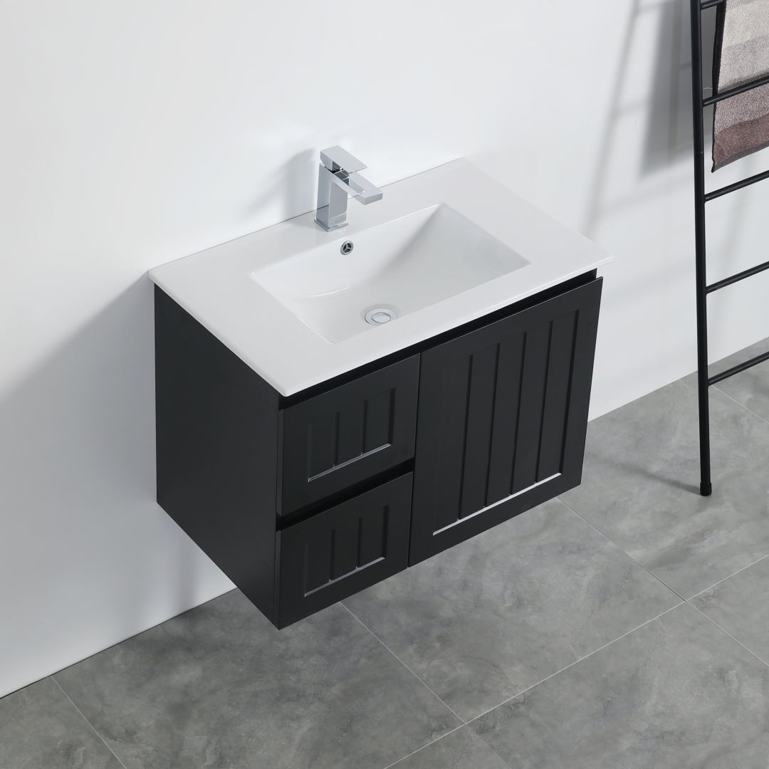 POSEIDON ACACIA SHAKER MATTE BLACK 750MM SINGLE BOWL WALL HUNG VANITY (AVAILABLE IN LEFT AND RIGHT HAND DRAWER)
