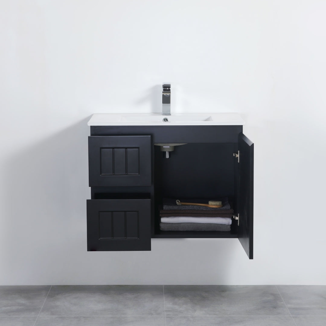 POSEIDON ACACIA SHAKER MATTE BLACK 750MM SINGLE BOWL WALL HUNG VANITY (AVAILABLE IN LEFT AND RIGHT HAND DRAWER)