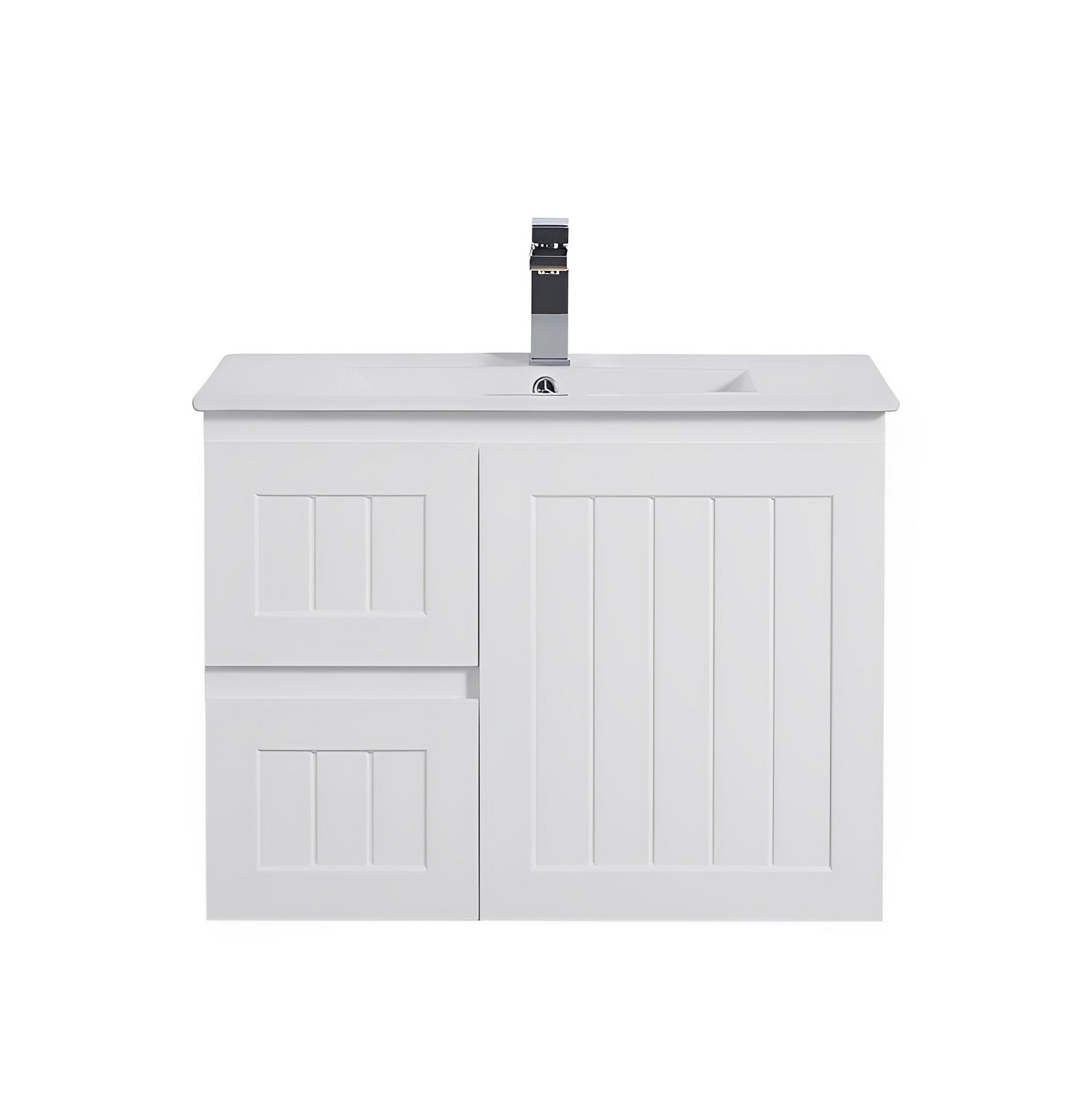CETO ACACIA SHAKER MATTE WHITE 750MM SINGLE BOWL WALL HUNG VANITY (AVAILABLE IN LEFT AND RIGHT HAND DRAWER)