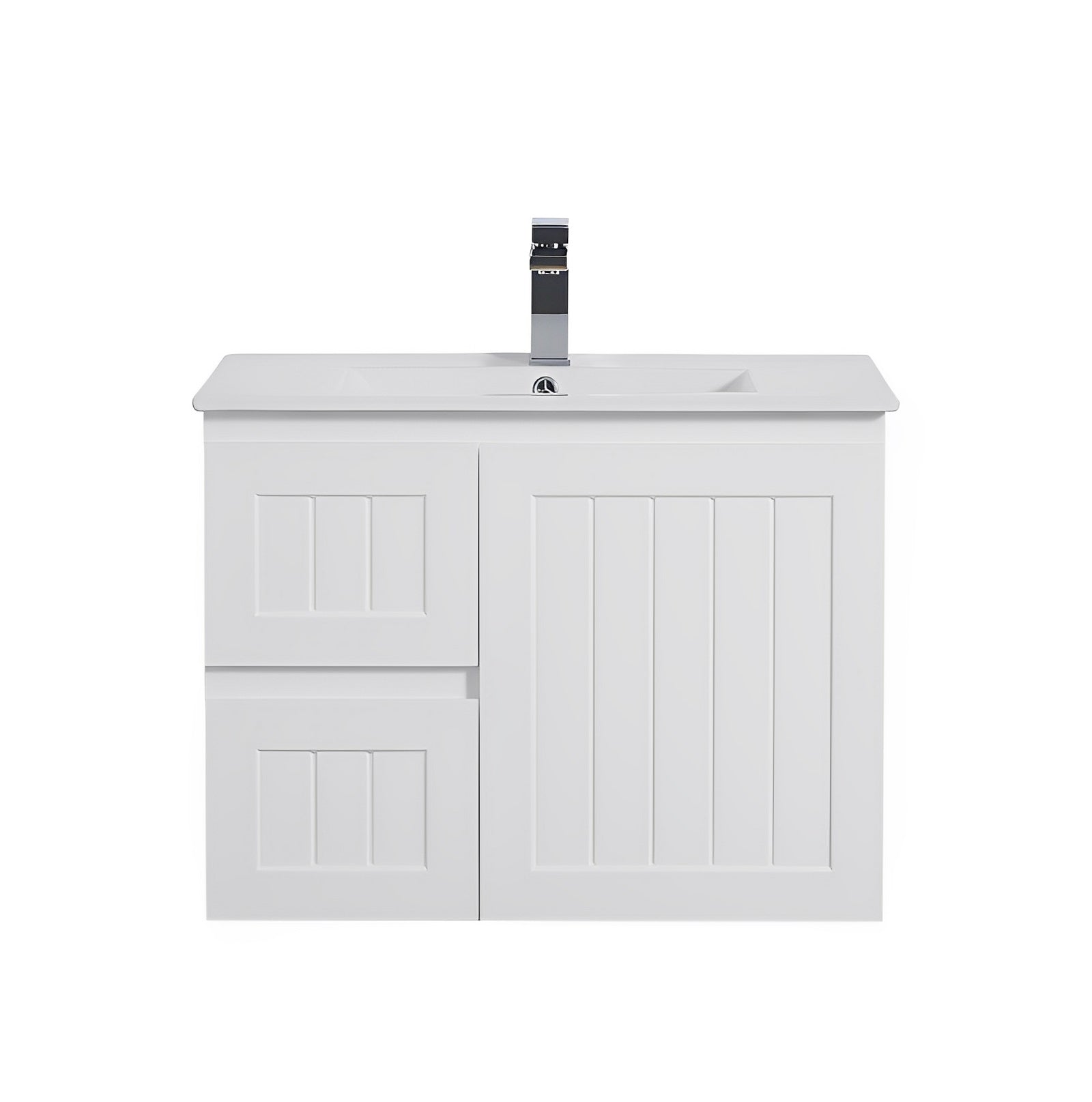 POSEIDON ACACIA SHAKER MATTE WHITE 750MM SINGLE BOWL WALL HUNG VANITY (AVAILABLE IN LEFT AND RIGHT HAND DRAWER)