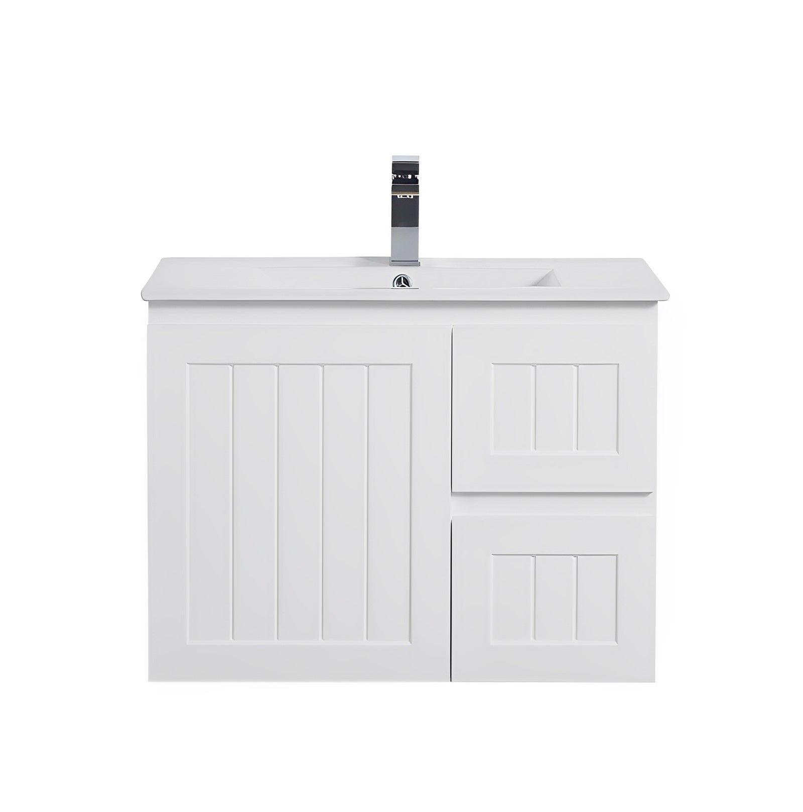 POSEIDON ACACIA SHAKER MATTE WHITE 750MM SINGLE BOWL WALL HUNG VANITY (AVAILABLE IN LEFT AND RIGHT HAND DRAWER)
