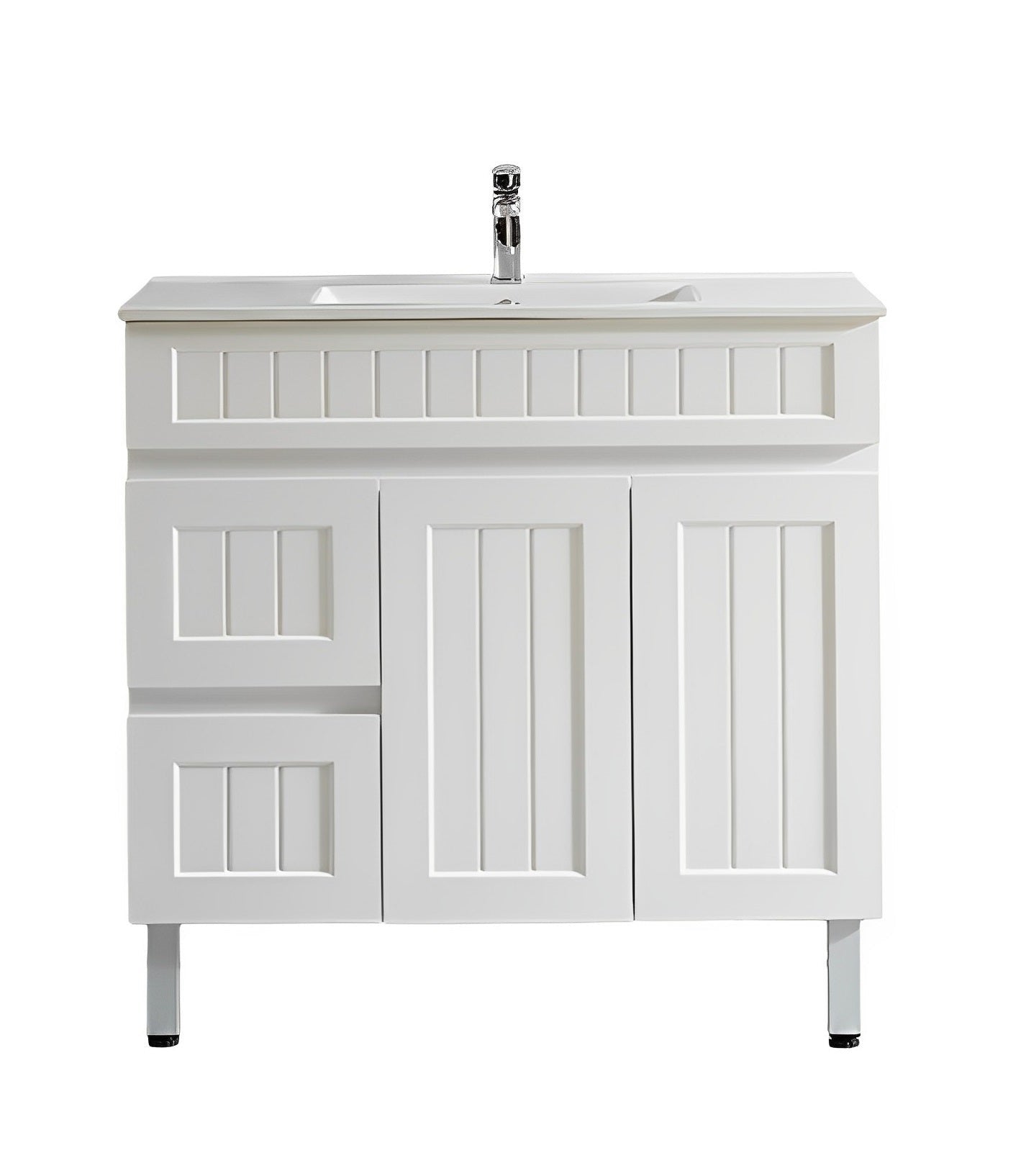 POSEIDON ACACIA SHAKER MATTE WHITE 900MM SINGLE BOWL FLOOR STANDING VANITY (AVAILABLE IN LEFT AND RIGHT HAND DRAWER)