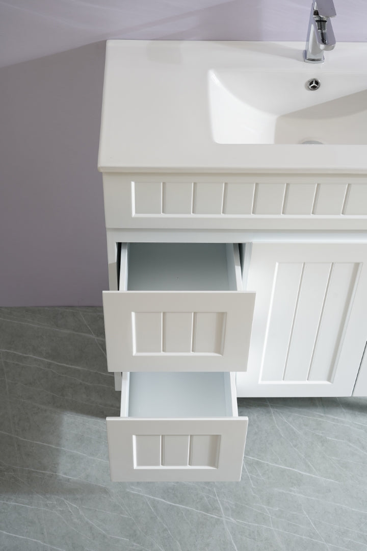 POSEIDON ACACIA SHAKER MATTE WHITE 900MM SINGLE BOWL FLOOR STANDING VANITY (AVAILABLE IN LEFT AND RIGHT HAND DRAWER)