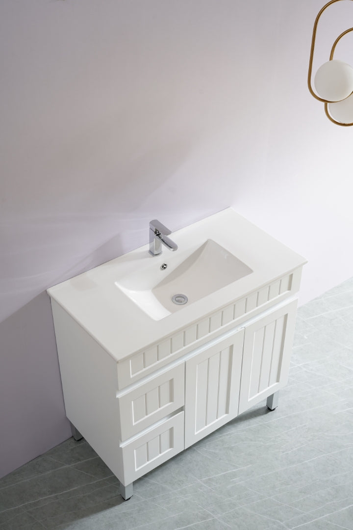 POSEIDON ACACIA SHAKER MATTE WHITE 900MM SINGLE BOWL FLOOR STANDING VANITY (AVAILABLE IN LEFT AND RIGHT HAND DRAWER)