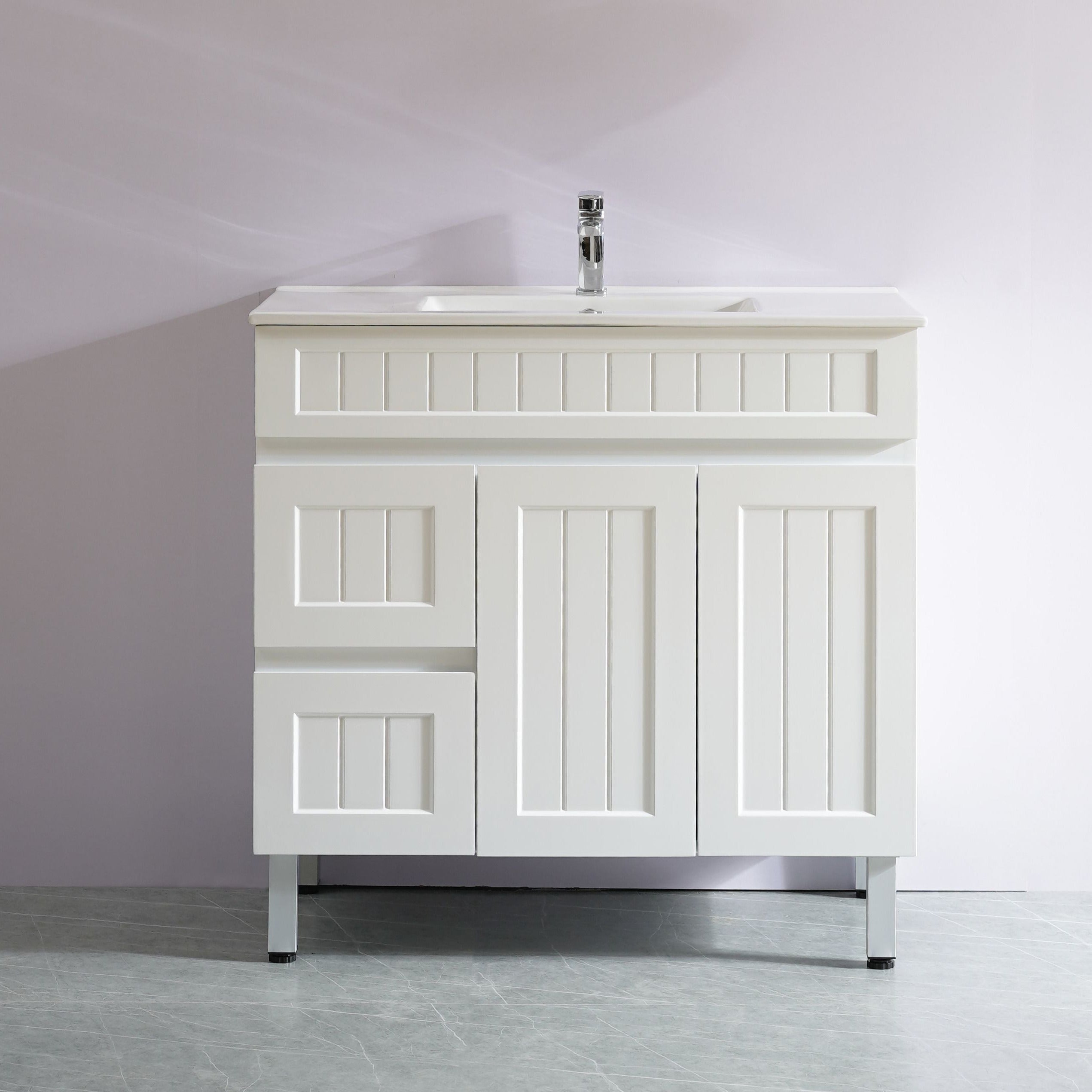 POSEIDON ACACIA SHAKER MATTE WHITE 900MM SINGLE BOWL FLOOR STANDING VANITY (AVAILABLE IN LEFT AND RIGHT HAND DRAWER)