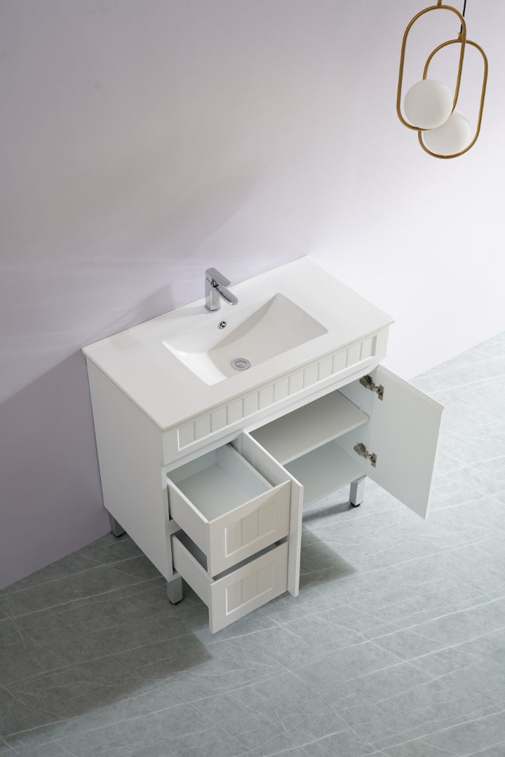 POSEIDON ACACIA SHAKER MATTE WHITE 900MM SINGLE BOWL FLOOR STANDING VANITY (AVAILABLE IN LEFT AND RIGHT HAND DRAWER)