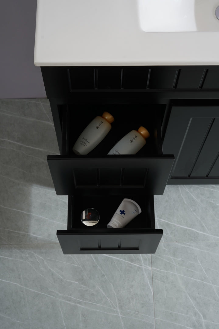 POSEIDON ACACIA SHAKER MATTE BLACK 900MM FLOOR STANDING VANITY (AVAILABLE IN LEFT HAND DRAWER AND RIGHT HAND DRAWER)