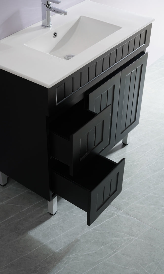 POSEIDON ACACIA SHAKER MATTE BLACK 900MM FLOOR STANDING VANITY (AVAILABLE IN LEFT HAND DRAWER AND RIGHT HAND DRAWER)