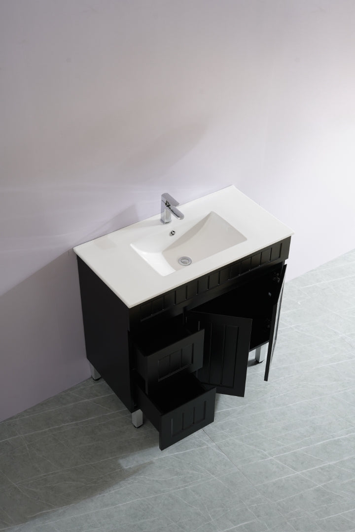 POSEIDON ACACIA SHAKER MATTE BLACK 900MM FLOOR STANDING VANITY (AVAILABLE IN LEFT HAND DRAWER AND RIGHT HAND DRAWER)