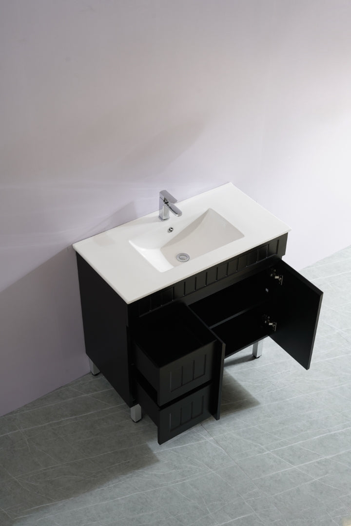 POSEIDON ACACIA SHAKER MATTE BLACK 900MM FLOOR STANDING VANITY (AVAILABLE IN LEFT HAND DRAWER AND RIGHT HAND DRAWER)