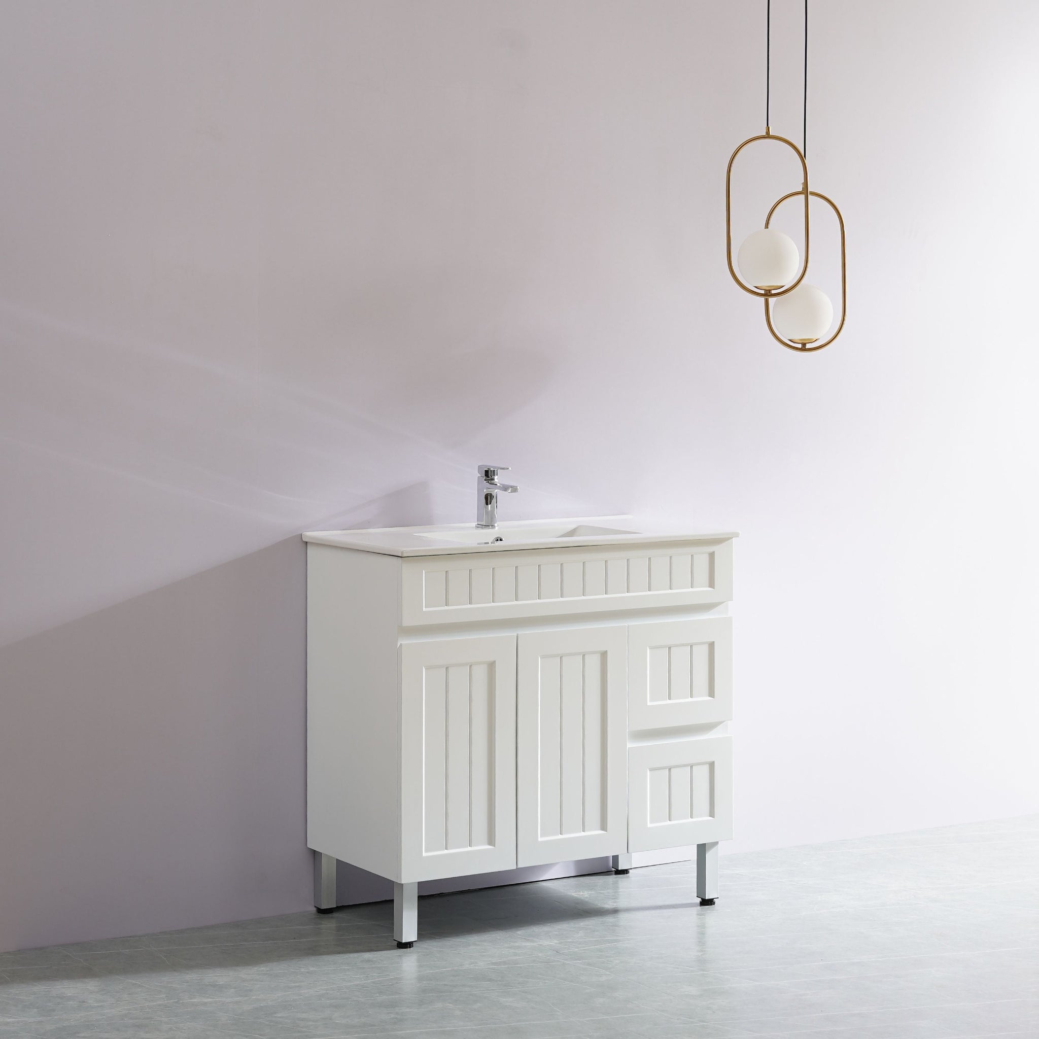 CETO ACACIA SHAKER MATTE WHITE 900MM SINGLE BOWL FLOOR STANDING VANITY (AVAILABLE IN LEFT AND RIGHT HAND DRAWER)
