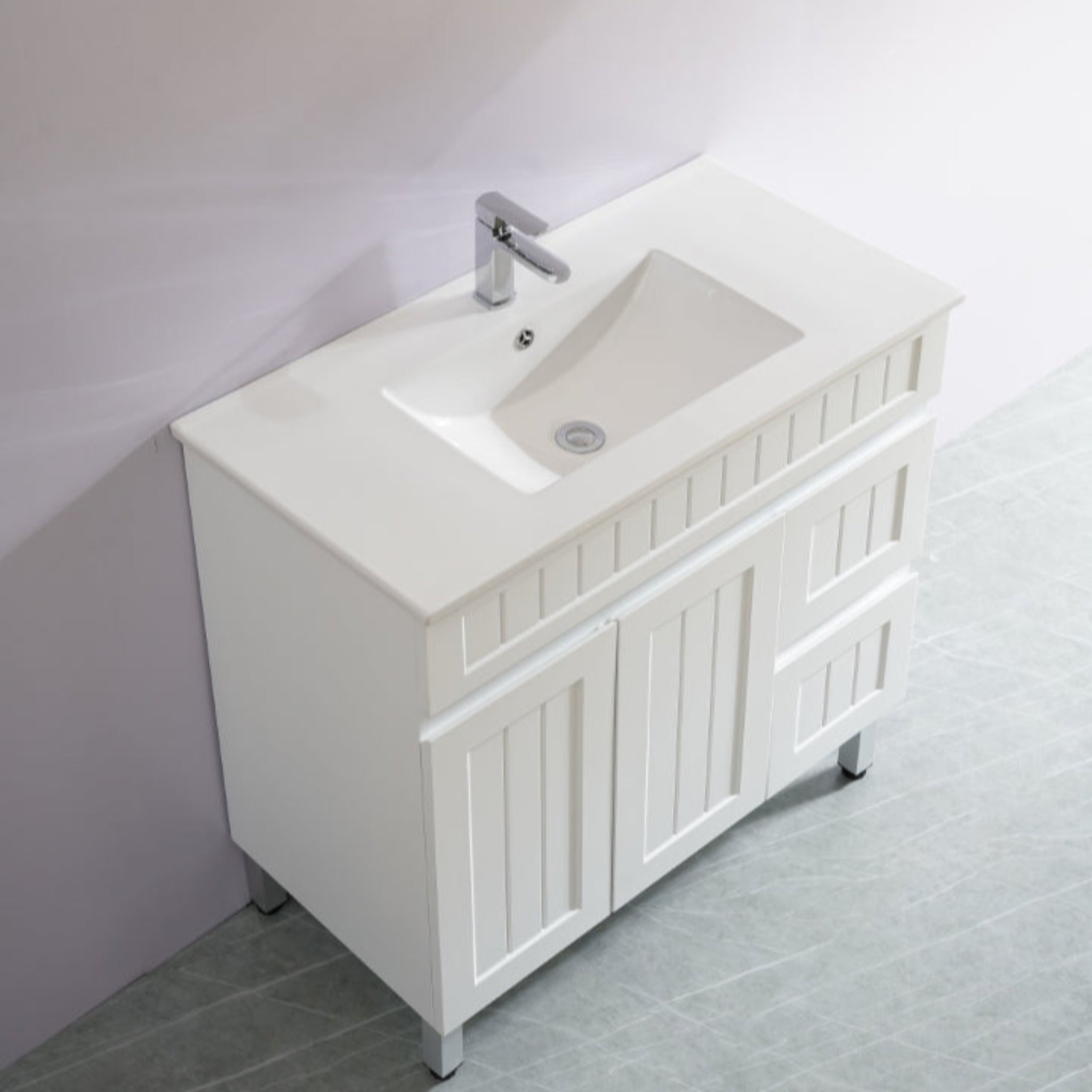 CETO ACACIA SHAKER MATTE WHITE 900MM SINGLE BOWL FLOOR STANDING VANITY (AVAILABLE IN LEFT AND RIGHT HAND DRAWER)