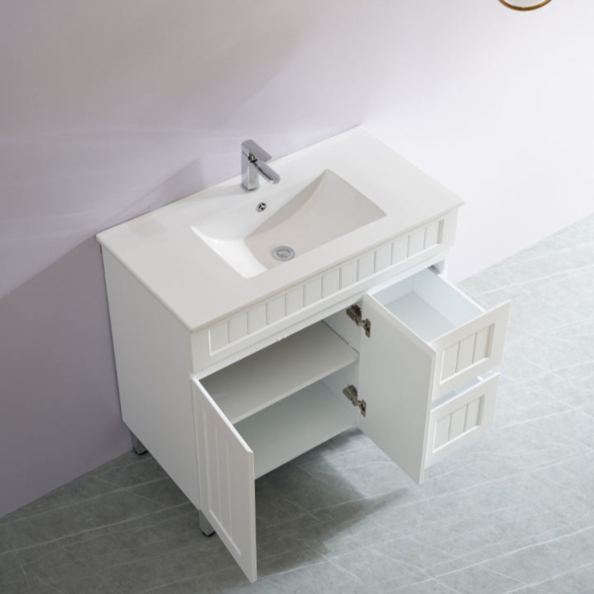 CETO ACACIA SHAKER MATTE WHITE 900MM SINGLE BOWL FLOOR STANDING VANITY (AVAILABLE IN LEFT AND RIGHT HAND DRAWER)
