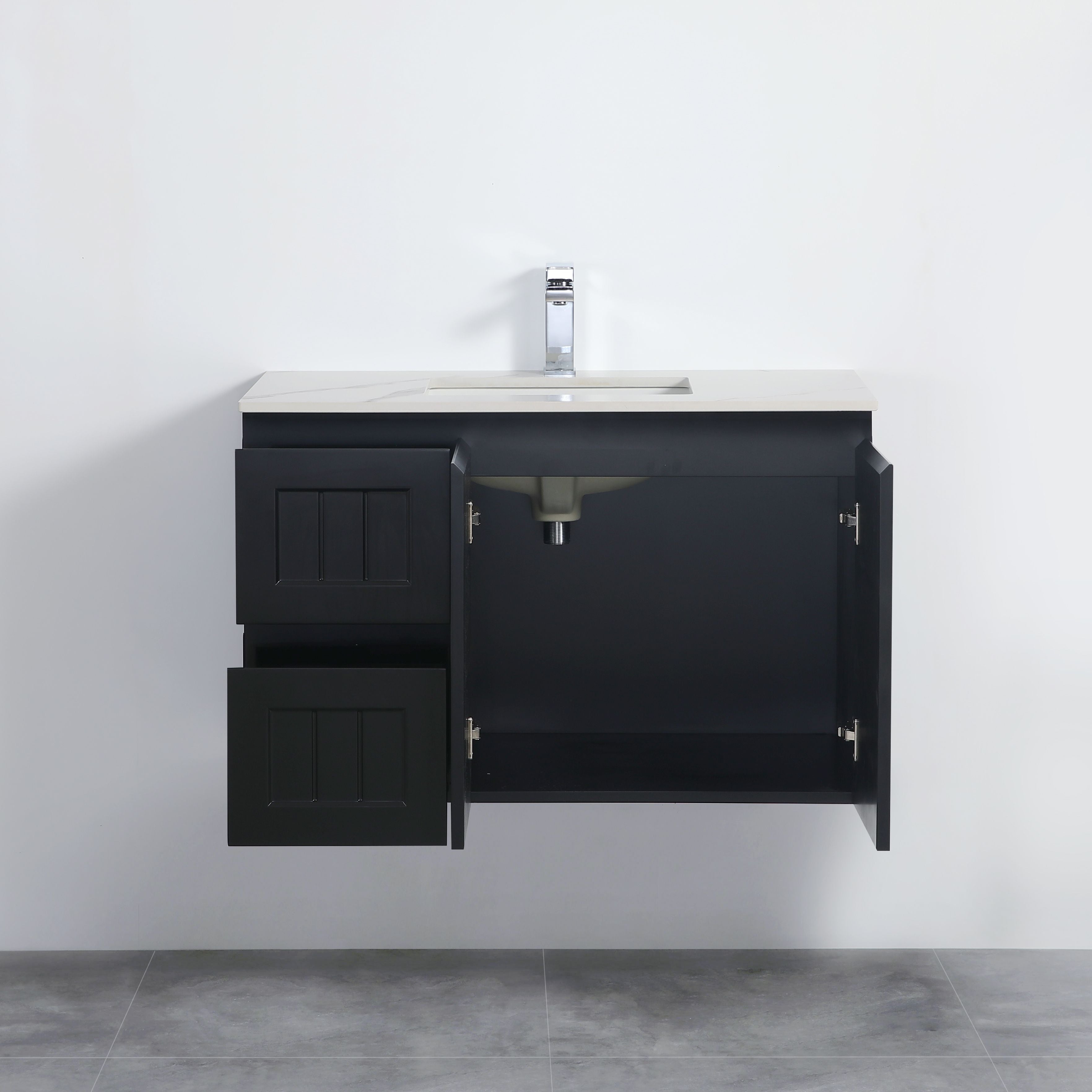 POSEIDON ACACIA SHAKER MATTE BLACK 900MM WALL HUNG VANITY (AVAILABLE IN LEFT HAND DRAWER AND RIGHT HAND DRAWER)